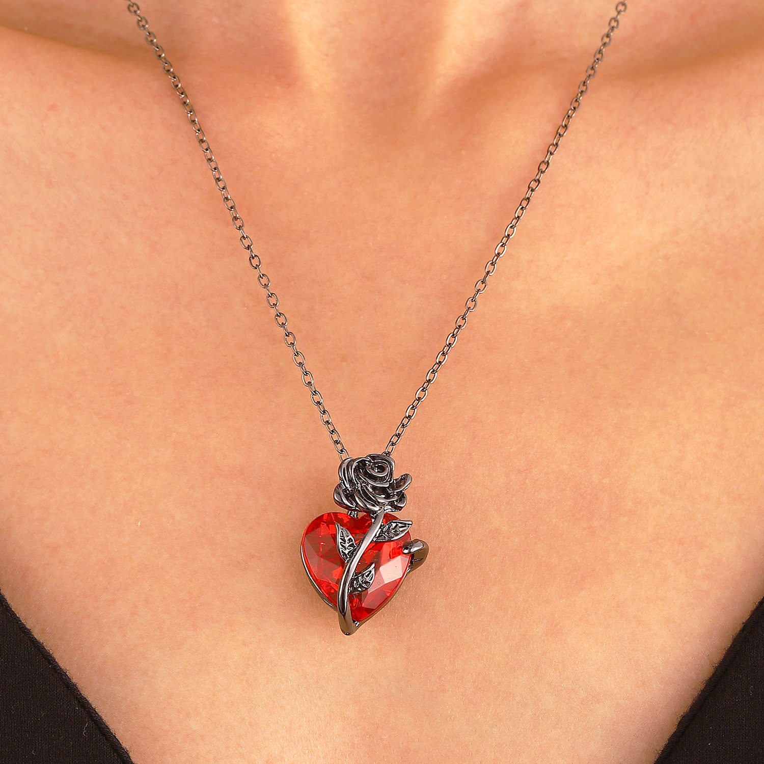 Love Rose Necklace With Gothic Dark Design And Entangled Flower Heart Shaped Collar