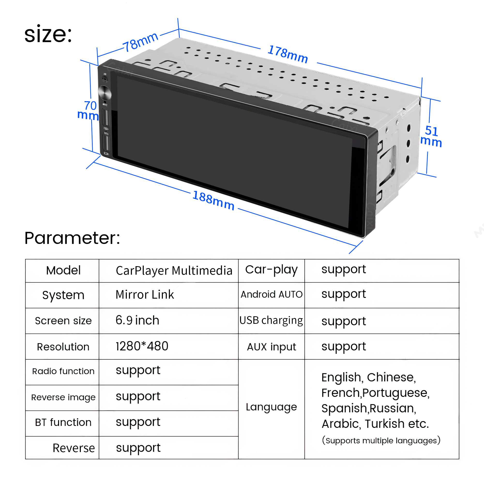 IPS 6.9 Inch 1Din Wireless Or wired Carplay Android Auto Car Radio Multimedia MP5 Player 1 Din DVD Bluetooth Stereo USB Charging
